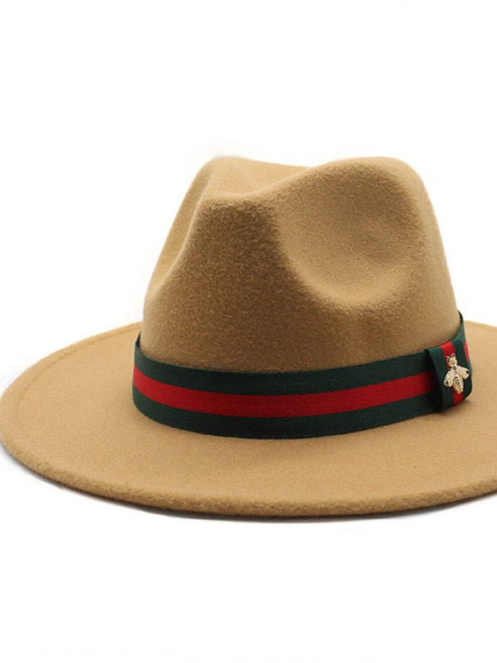 Camel Wide Brim Panama Felt Fedora Hat w/ Removable Band